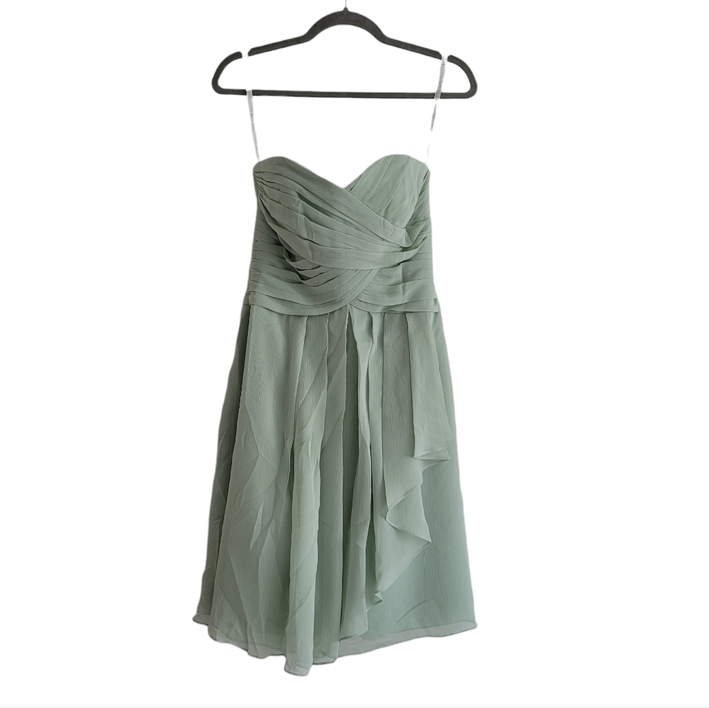 NEW David's Bridal Meadow Green Strapless Crinkle Chiffon‎ Knee Length Dress